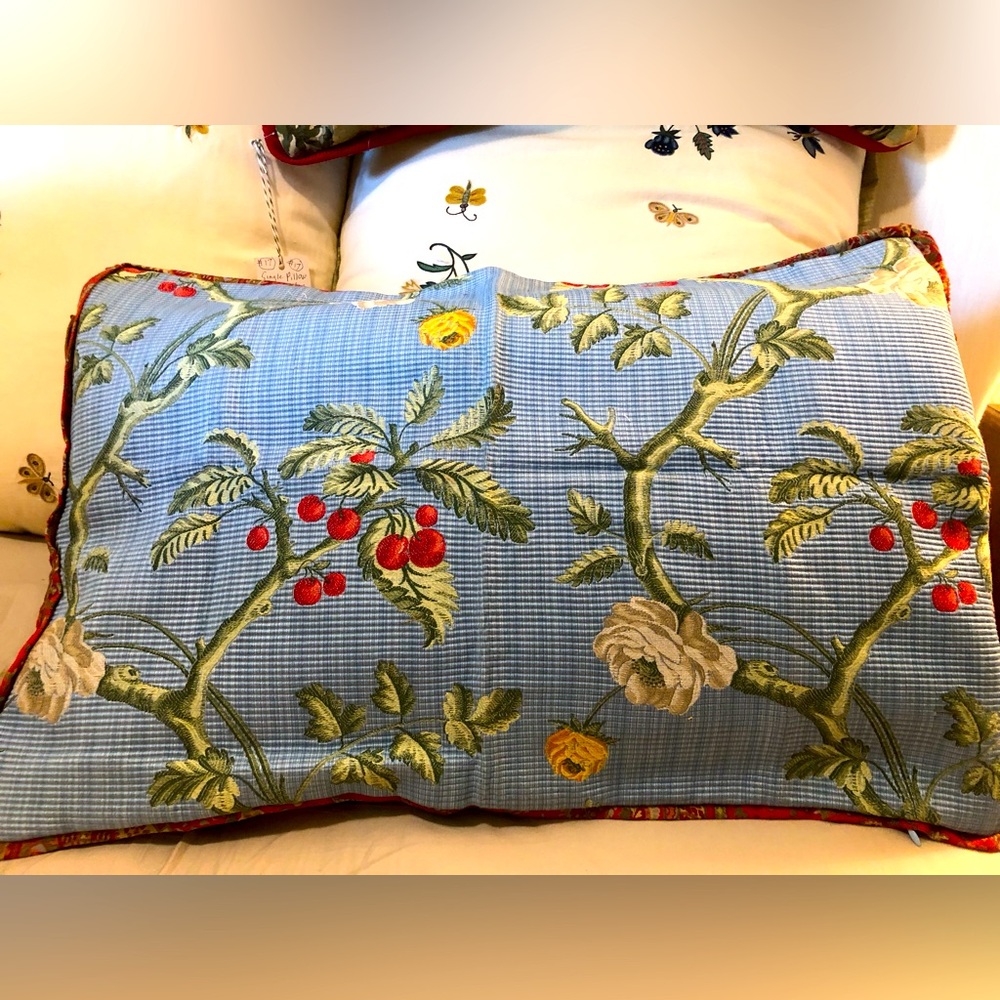 Scalamandre Marie Joseph Lampas jacquard fabric in blue with cherries & red trim